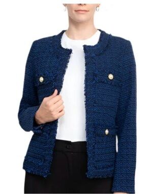 Nanette Lepore Blazer Womens Size 16 Blue Black Tweed Fringe Jacket Pearl Button
